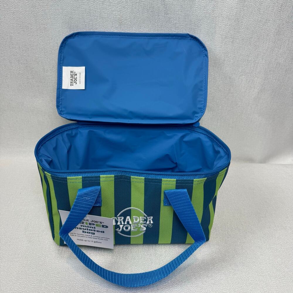 Blue Neon Green Stripe Reusable Insulated Trader Joe's Mini Tote New With Tags